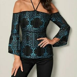 Venus embroidered lace black/turquoise blouse
